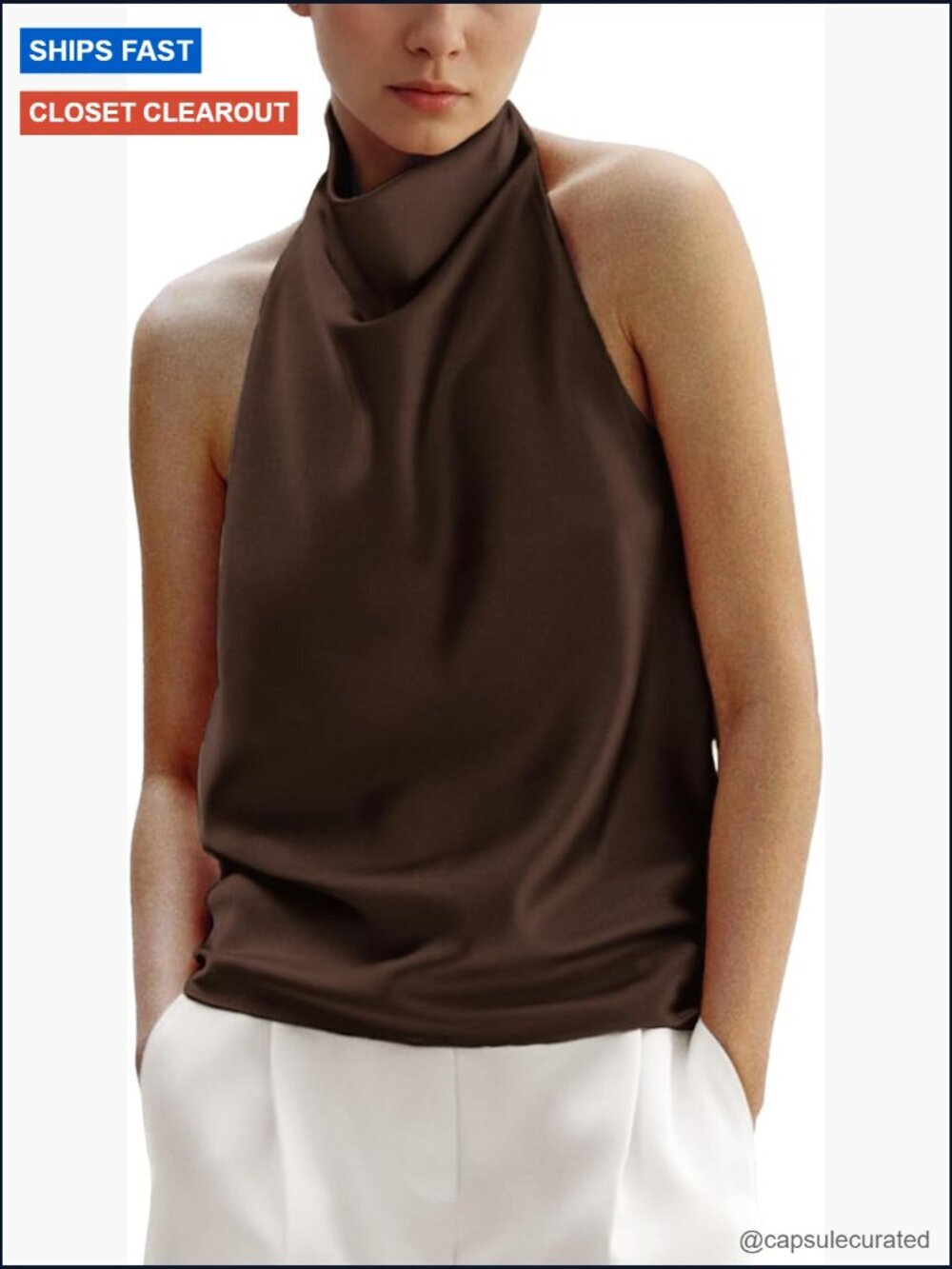 Silk Satin Halter Tank Top Backless Draped Front Summer Elegant Camisole